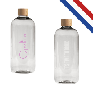 Bouteille personnalisable de 750ml avec bouchon en bois d'hêtre et aluminium, fabriquée en France.