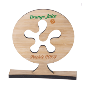 Trophée bambou sur-mesure avec socle en bambou.