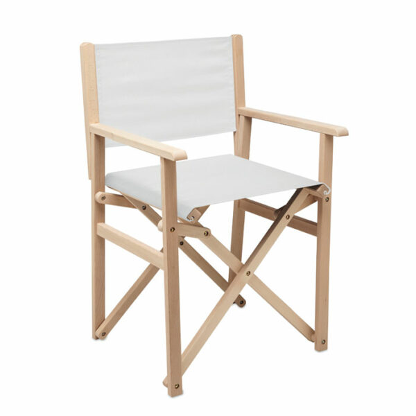 Chaise pliable personnalisable en bois avec assise amovible en tissu polyester.