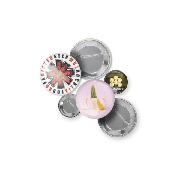 Badge personnalisable en métal rond avec épingle de sureté au dos Impression quadri sur papier, recouvert d'une pellicule brillante Diamètre au choix Made in Europe