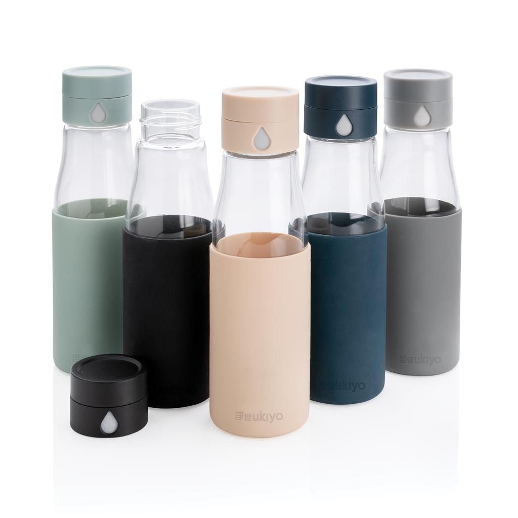 Bouteille d'eau personnalisable Ukiyo en verre borosilicaté de 600ml avec compteur d'hydratation.