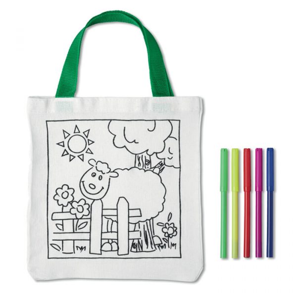 Petit sac en coton décorable et 5 feutres de couleur personnalisable.