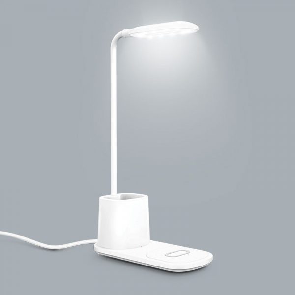 Lampe de bureau avec chargeur induction 10W et pot à crayon personnalisable.