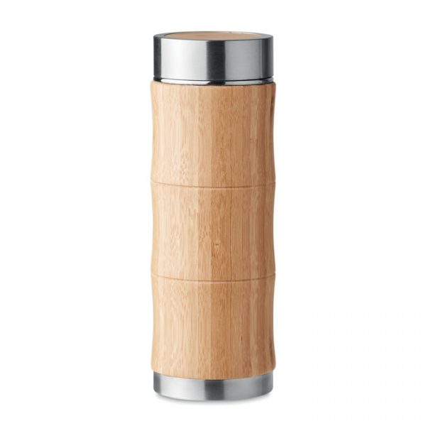 Gourde personnalisable en acier inoxydable à double paroi et à vide isolant (capacité 350ml) avec un couvercle en bambou et un infuseur de thé supplémentaire.