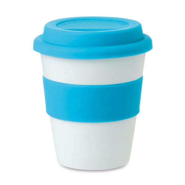 Gobelet simple paroi personnalisable en PP blanc brillant avec couvercle et bande en silicone.