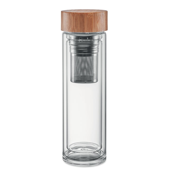 Gourde personnalisable double paroi en verre borosilicate et couvercle en bambou avec infuseur à thé.