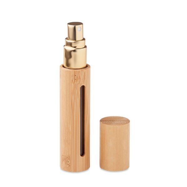 Mini flacon atomiseur de parfum rechargeable personnalisable avec habillage en bambou.