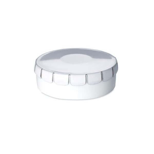 Boîtes en plastique et couvercle en fer blanc contenant 12 gr menthes sans sucre, personnalisable.