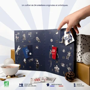 Calendrier de l'Avent avec sachets de thé illustrés, mettant en avant les traditions de Noël.