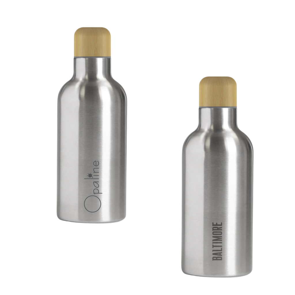 Bouteille personnalisable de 500ml avec bouchon en bambou et polypropylène, en acier inoxydable.