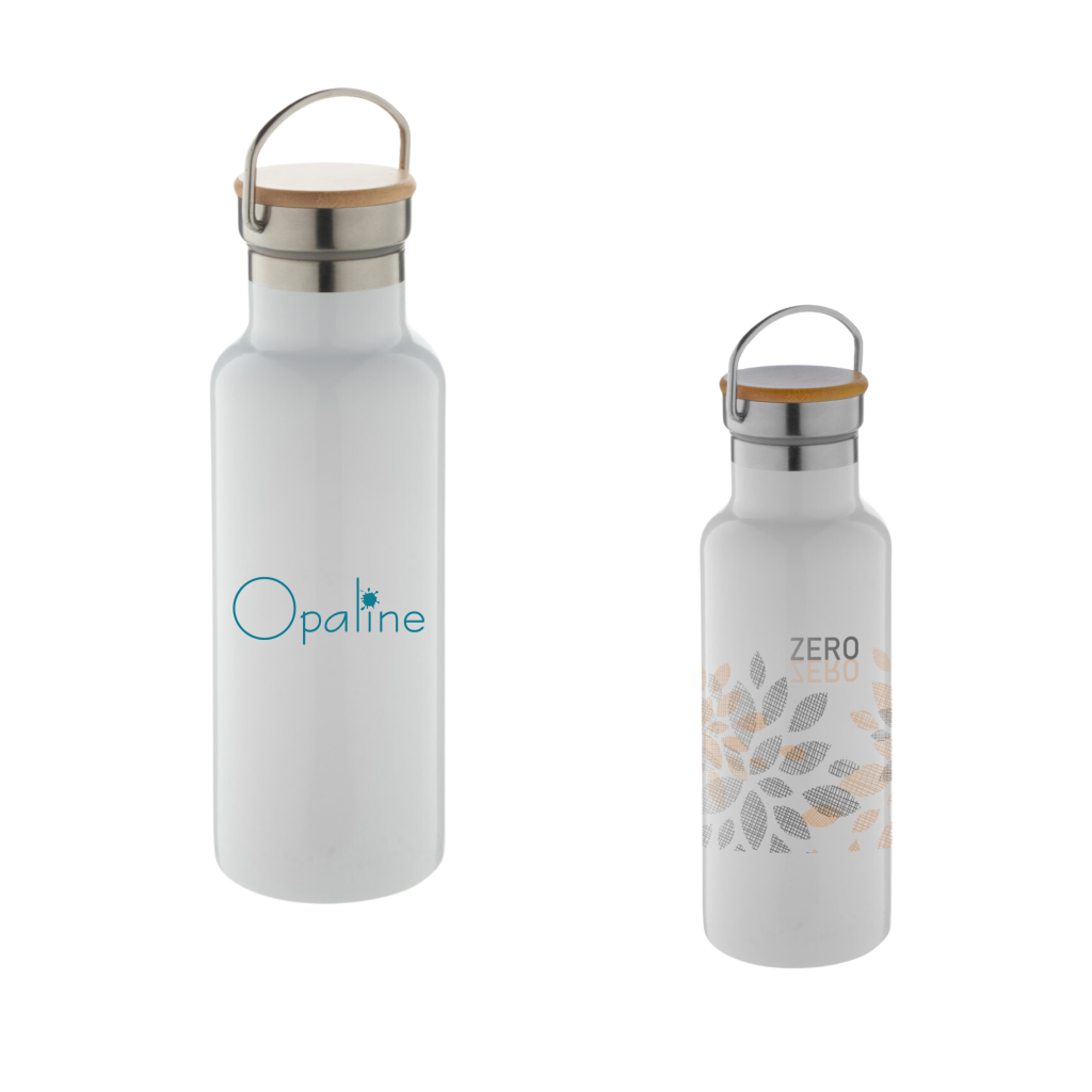Gourde isotherme de 500ml en acier inoxydable à double paroi avec couvercle en bambou, personnalisable.