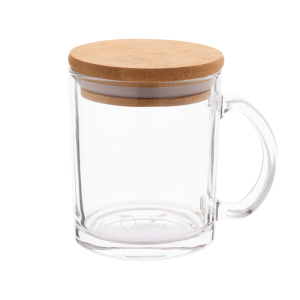 Mug en verre recyclé de 300 ml avec couvercle en bambou.