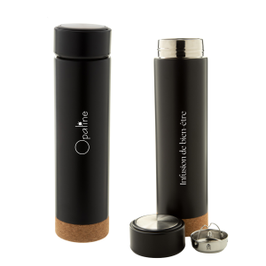 Thermos double paroi en inox de 450ml avec infuseur à thé et dessous en liège, personnalisable.
