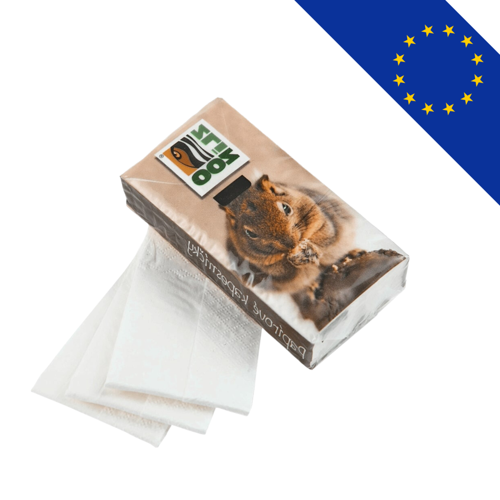 Paquet individuel plastifié contenant 10 mouchoirs en papier 3 plis, imprimé sur toute la surface, parfait pour une personnalisation optimale.
