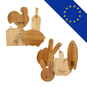 Planche en bois personnalisée sur-mesure, découpe spéciale avec marquage par gravure laser ou à chaud, fabriquée en Europe.