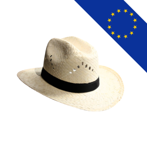 Chapeau en paille blanche avec bandeau personnalisable en différentes couleurs, fabriqué en Europe.