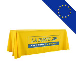 Nappe en tissu personnalisable en polyester blanc, impression quadri all-over, avec traitement antitache et ourlet cousu.
