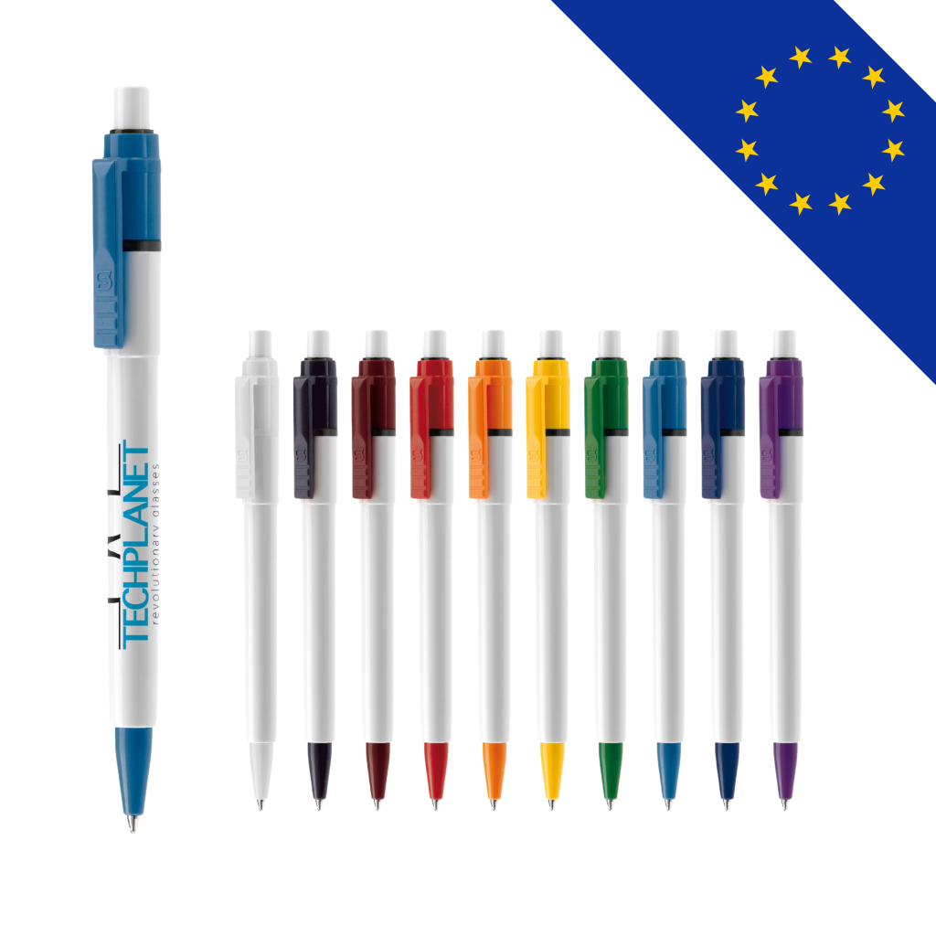 Stylo bille rétro personnalisable, cartouche jumbo, encre bleue, fabriqué en Italie, disponible en plusieurs couleurs et options de marquage.