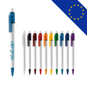 Stylo bille rétro personnalisable, cartouche jumbo, encre bleue, fabriqué en Italie, disponible en plusieurs couleurs et options de marquage.