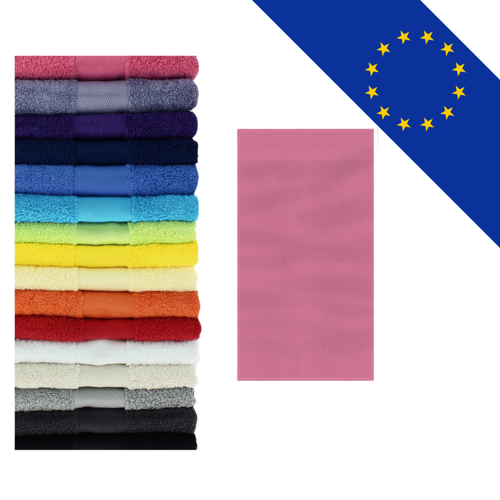 Serviette éponge personnalisée avec finition bouclettes et choix de coloris de fil, fabriquée en Europe.