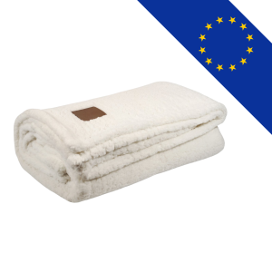Plaid épais en coloris naturel, gris, ou beige, avec patch gravé personnalisé, fabriqué en Europe.
