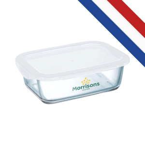 Lunchbox en verre trempé avec couvercle hermétique en plastique translucide, personnalisable, fabriquée en France et compatible micro-ondes.