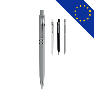 Stylo bille recyclé Raja Chrome de Stilolinea, avec corps opaque et éléments colorés, fabriqué en métal et plastique ABS recyclé.