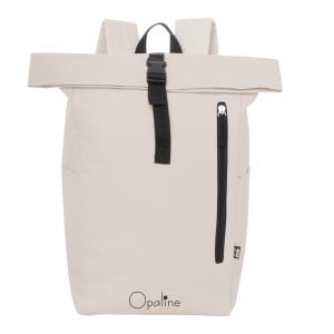 Sac à dos RPET rolltop avec fermeture à boucle, compartiment pour ordinateur portable et poche avant zippée.
