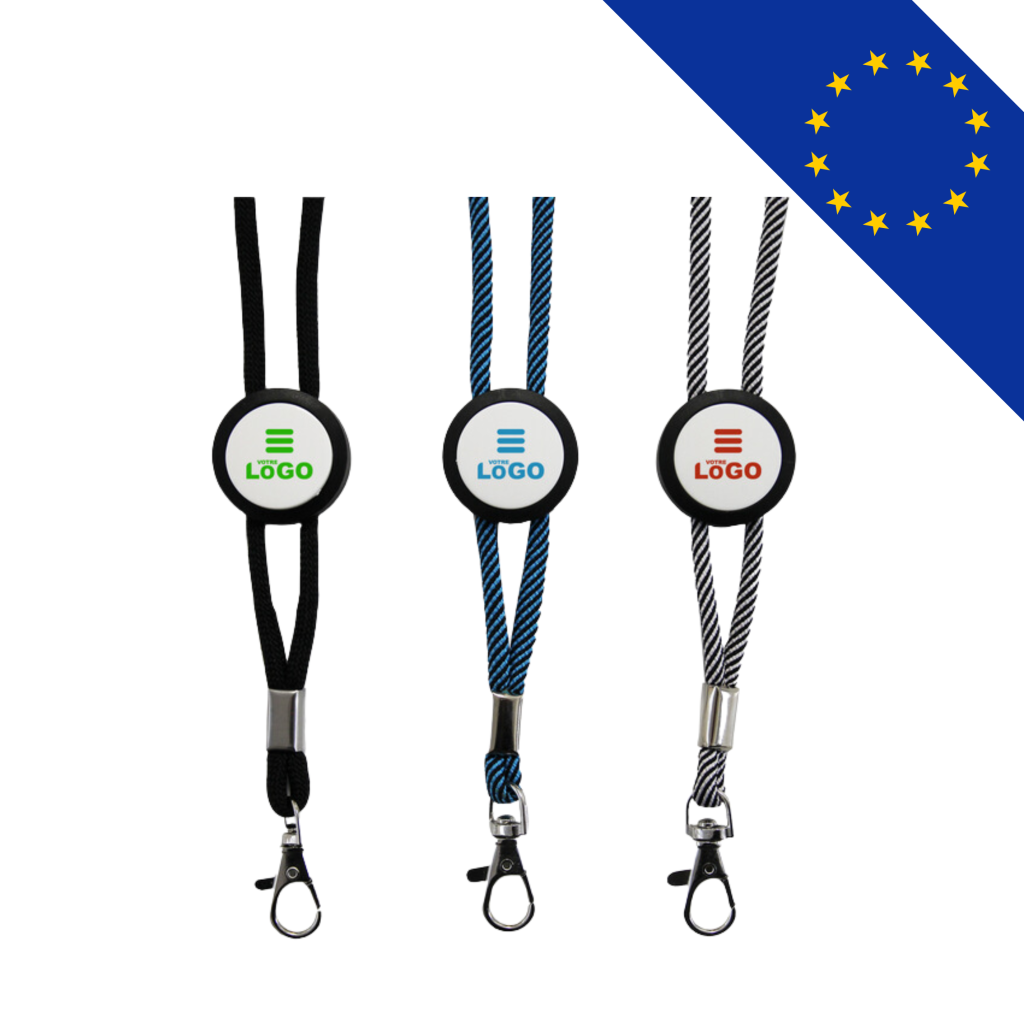 Tour de cou lanyard personnalisable en coton avec attache en plastique, fabriqué en Europe et disponible en noir, bleu ou blanc, avec impression UV pour une visibilité maximale.
