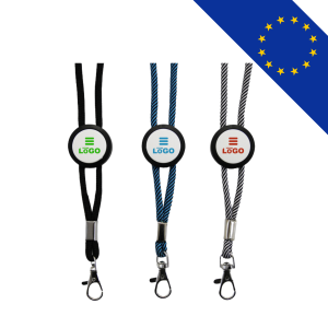 Tour de cou lanyard personnalisable en coton avec attache en plastique, fabriqué en Europe et disponible en noir, bleu ou blanc, avec impression UV pour une visibilité maximale.