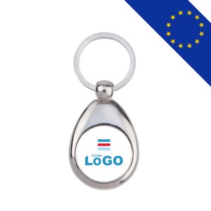 Porte-clés en métal brillant avec plaque en Plexiglas personnalisable et jeton de caddie intégré, fabriqué en Europe.