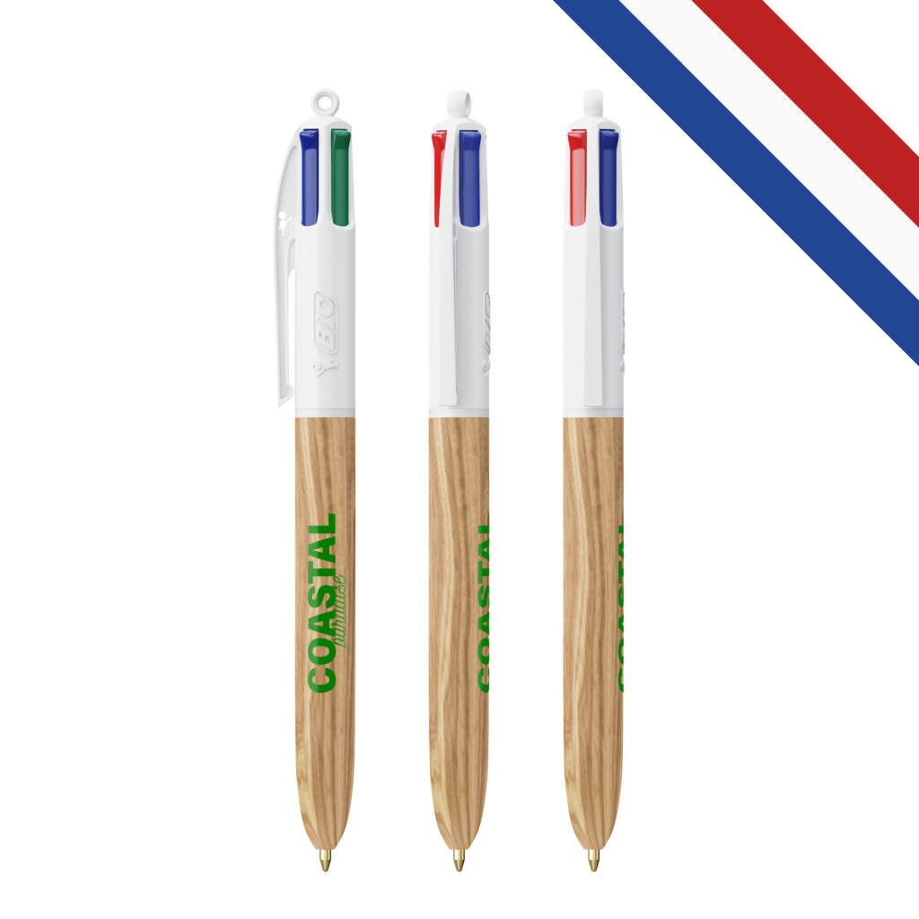 Stylo BIC® 4 Couleurs Wood Style avec finition bois, affichant ses quatre couleurs d'encre.