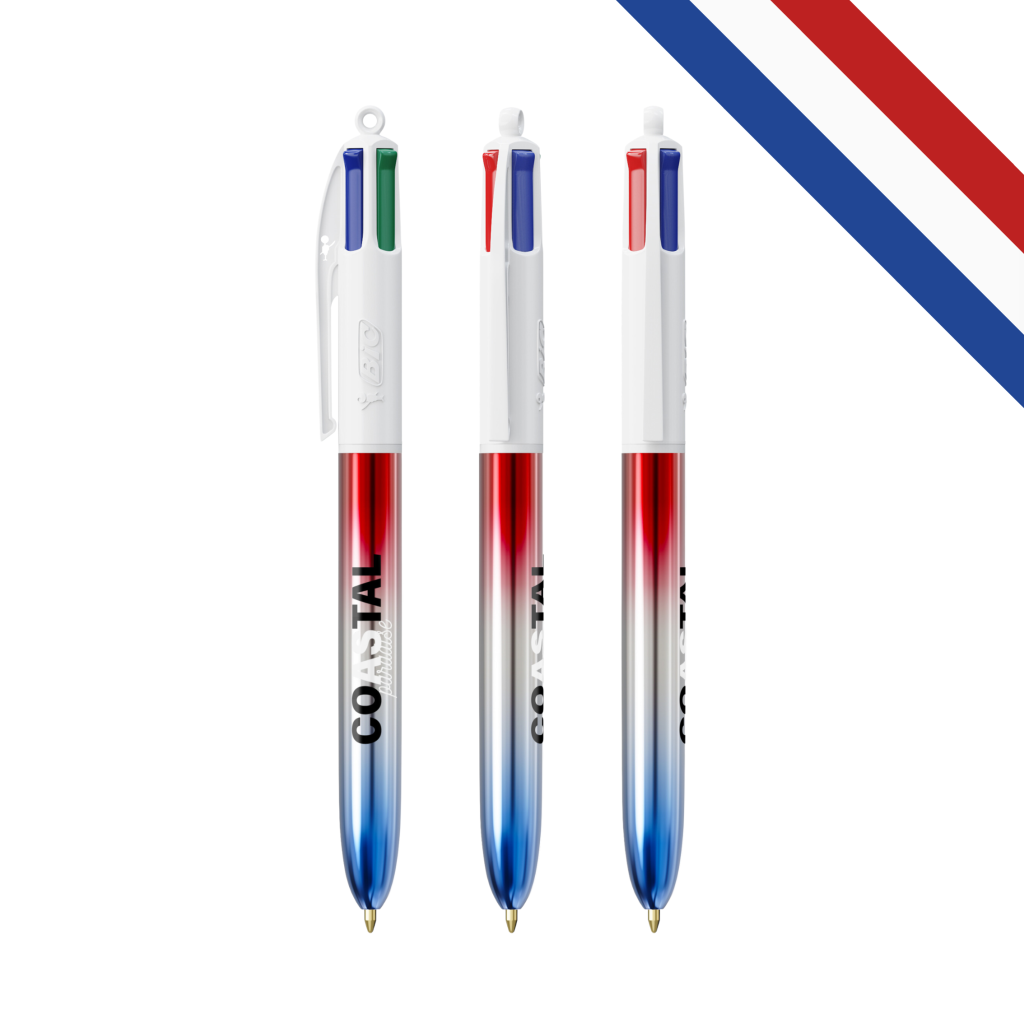 Stylo BIC® 4 Colours® Flags Collection avec finition métallisée, affichant ses quatre couleurs d'encre.