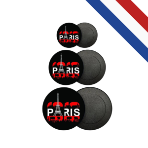 Magnets ronds en métal, personnalisables, fabriqués en France avec finition mat ou brillant, disponibles en trois tailles (25 mm, 45 mm, 56 mm), parfaits pour la promotion de marque.