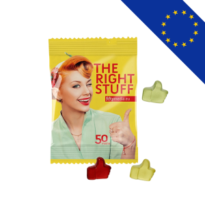 Sachet blanc contenant 10g de bonbons gélifiés aux fruits, avec impression quadri sur 1 face, fabriqué en Europe.