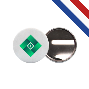 Badge miroir de poche rond, fabriqué en France, personnalisable avec visuel en impression numérique, disponible en 56 mm et 75 mm, idéal pour cadeaux d’entreprise.