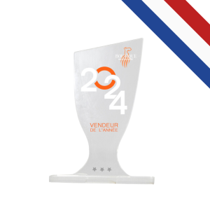 Trophée en plexiglas transparent en forme de coupe, fabriqué en France, personnalisable par marquage numérique, dimensions 12x8 cm, idéal pour récompenser collaborateurs ou lauréats.