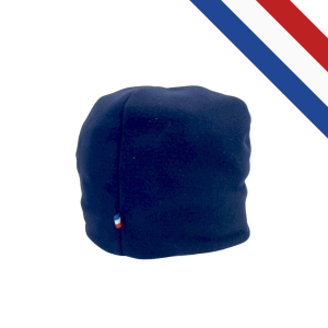 Bonnet en tissu polaire épais, 290 g/m², personnalisable par broderie, fabriqué en France, taille unique, dimensions 20 x 26 cm, étiquette tricolore, plusieurs coloris disponibles.