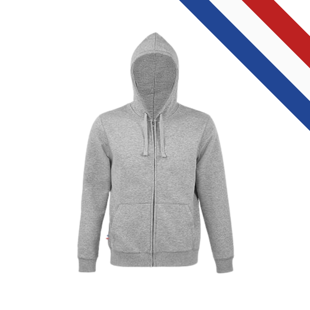 Sweat à capuche zippé en molleton doux, 100% coton, conçu en Île-de-France, personnalisé en atelier, étiquette drapeau tricolore, disponible du XS au XXL, fermeture intégrale par zip métal.