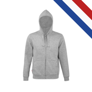 Sweat à capuche zippé en molleton doux, 100% coton, conçu en Île-de-France, personnalisé en atelier, étiquette drapeau tricolore, disponible du XS au XXL, fermeture intégrale par zip métal.