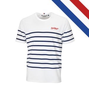 Marinière manches courtes française, avec puce tricolore Bleu/Blanc/Rouge et étiquettes Le Vestiaire Citizen Green, fabrication française.