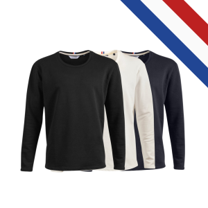 Sweat THÉO en French Terry, fabriqué en France, manches longues, finition avec puce tricolore et étiquettes Le Vestiaire Citizen Green.