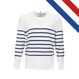 Marinière MALO à manches longues, fabriquée en France, avec puce tricolore et étiquettes Le Vestiaire Citizen Green.