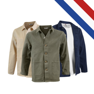 Veste worker MARIUS avec poches extérieures et intérieure, puce tricolore, étiquettes Le Vestiaire Citizen Green, fabrication française.