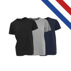 Tee-shirt femme LUCIENNE à manches courtes, col bord côte, avec puce tricolore et étiquettes Le Vestiaire Citizen Green, fabrication française.