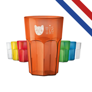 Gobelet réutilisable en Tritan transparent de 40 cl avec facettes biseautées, incassable et recyclable, fabriqué en France.