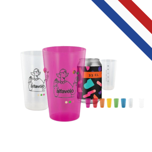Gobelet plastique réutilisable de 39 cl, compatible micro-ondes et lave-vaisselle, personnalisable en impression quadri, fabriqué en France.