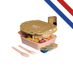 Boîte repas carrée 1,2L avec couvercle et ustensiles intégrés, zéro déchet et fabrication française.