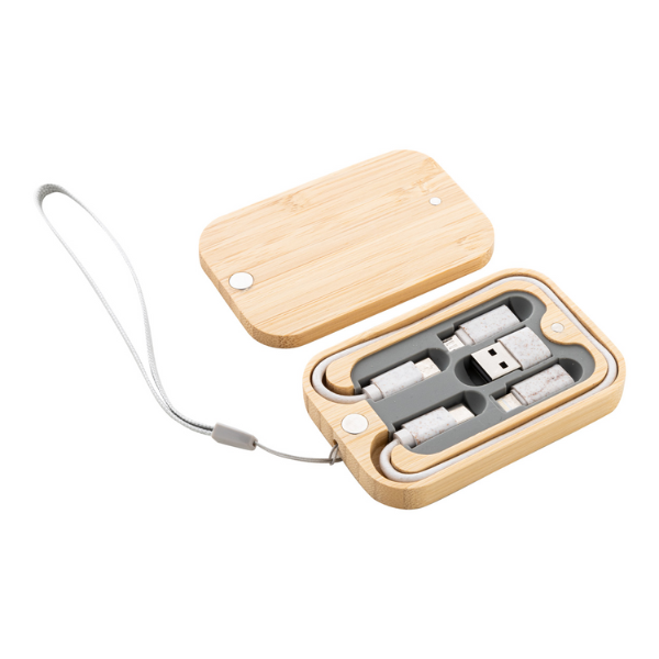 Câble chargeur USB écologique avec étui en bambou personnalisable.
