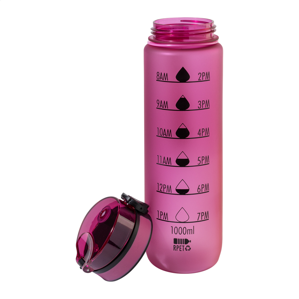 Gourde de sport personnalisable RPET 1L avec graduations motivantes, dragonne et bouchon sécurisé.